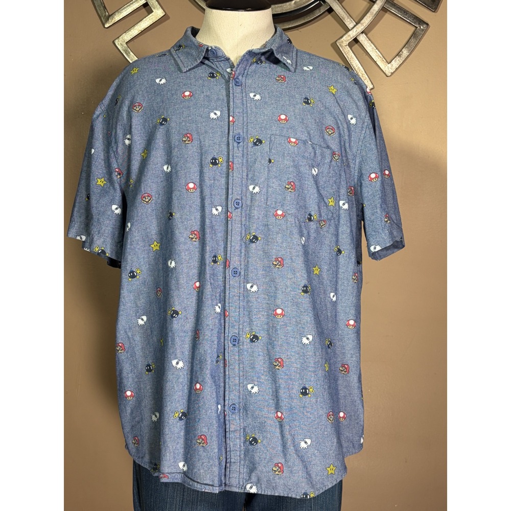 Super Mario Nintendo Mens Large Blue Short Sleeve Button Down Shirt Fifth Sun